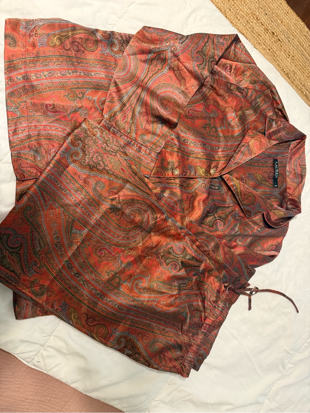 Ralph Lauren Paisley Satin Button-Up Shirt and Drawstring PJ Set - Red Multi